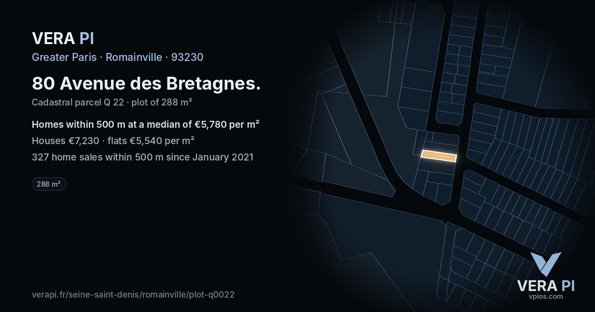 80 Avenue des Bretagnes, Romainville at night – the plot lit, the parcels around coloured by the prices near them