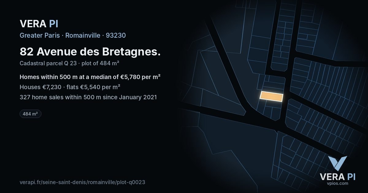 82 Avenue des Bretagnes, Romainville at night – the plot lit, the parcels around coloured by the prices near them