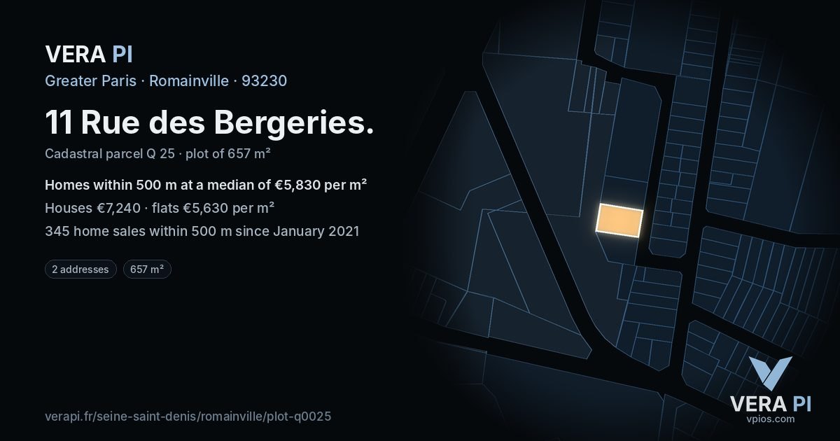 11 Rue des Bergeries, Romainville at night – the plot lit, the parcels around coloured by the prices near them