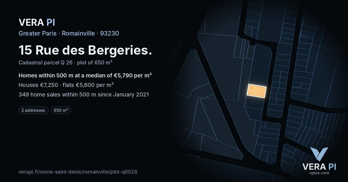 15 Rue des Bergeries, Romainville at night – the plot lit, the parcels around coloured by the prices near them
