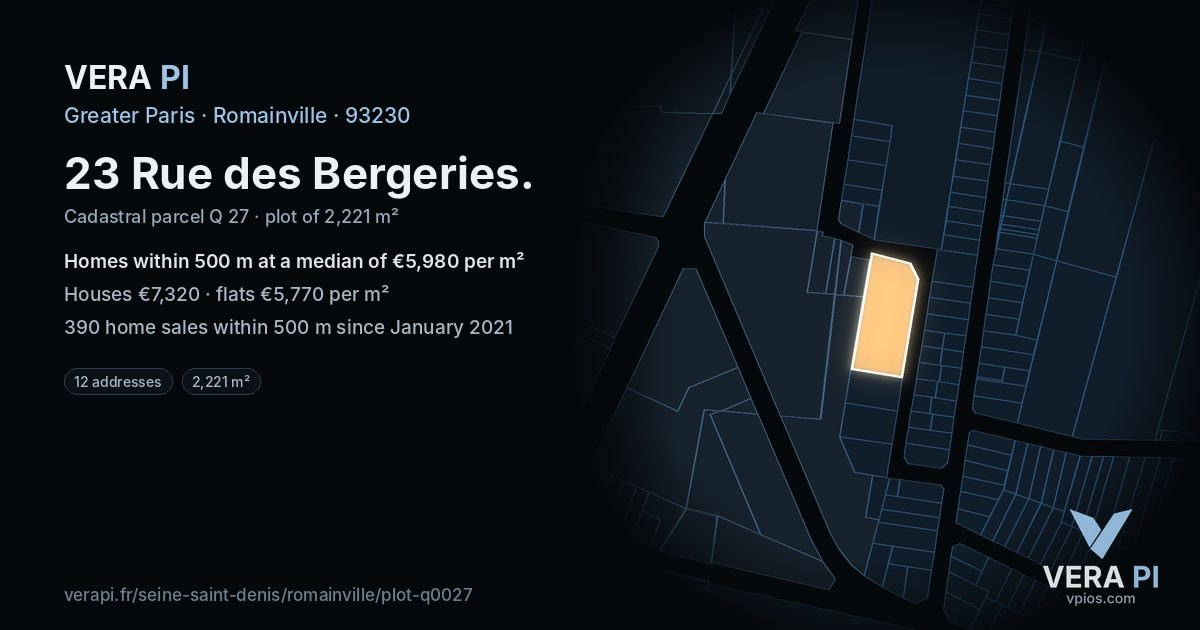 23 Rue des Bergeries, Romainville at night – the plot lit, the parcels around coloured by the prices near them