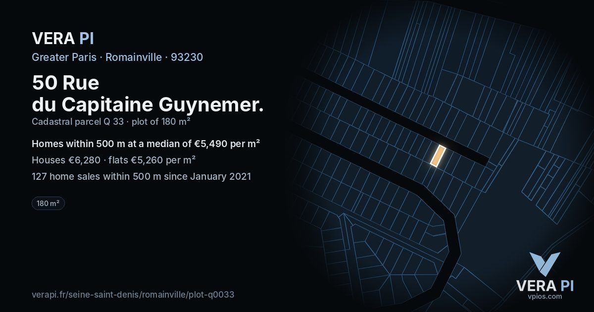 50 Rue du Capitaine Guynemer, Romainville at night – the plot lit, the parcels around coloured by the prices near them
