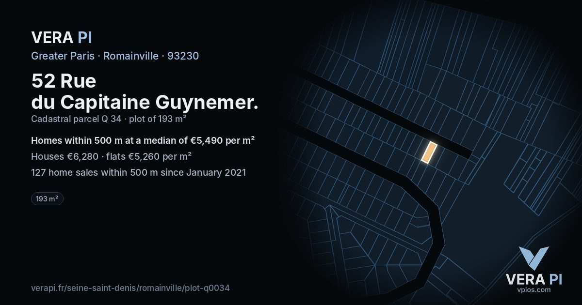 52 Rue du Capitaine Guynemer, Romainville at night – the plot lit, the parcels around coloured by the prices near them
