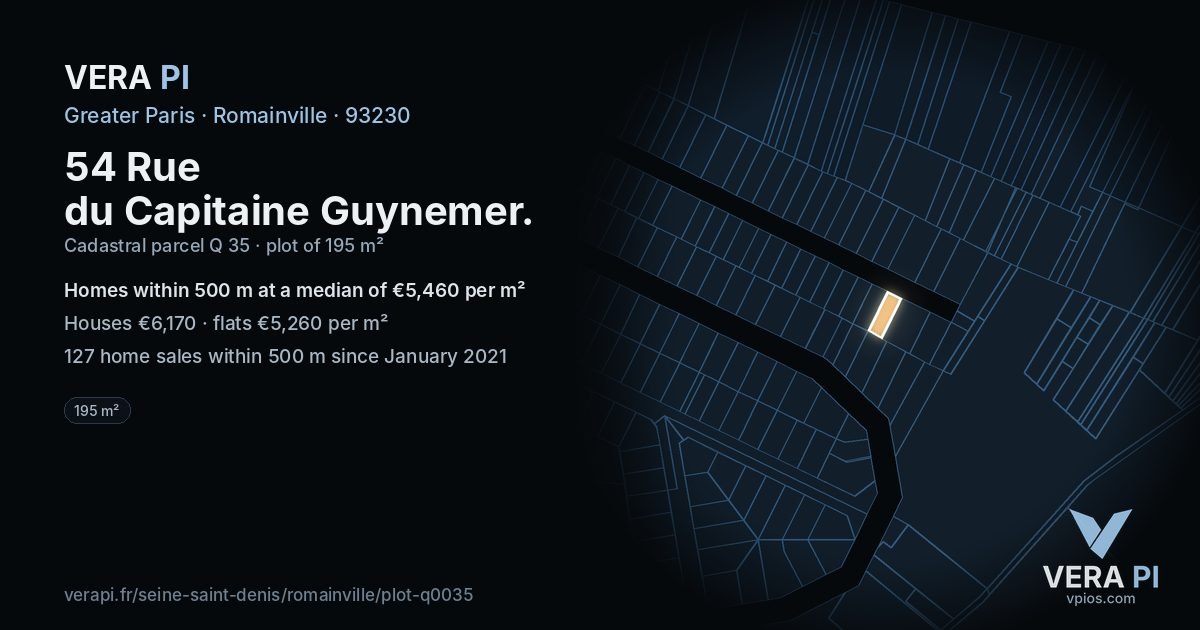 54 Rue du Capitaine Guynemer, Romainville at night – the plot lit, the parcels around coloured by the prices near them