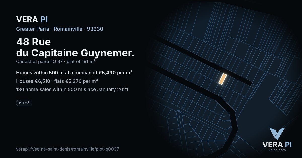 48 Rue du Capitaine Guynemer, Romainville at night – the plot lit, the parcels around coloured by the prices near them