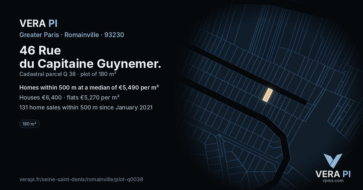 46 Rue du Capitaine Guynemer, Romainville at night – the plot lit, the parcels around coloured by the prices near them