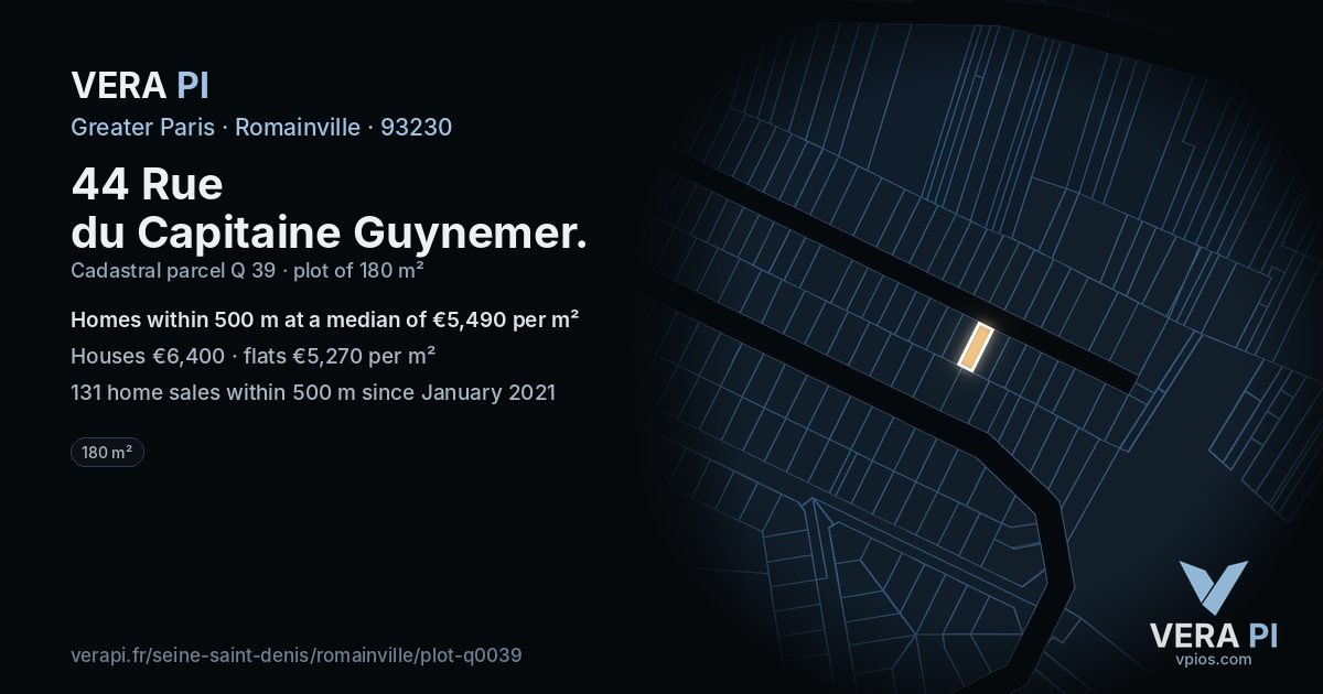 44 Rue du Capitaine Guynemer, Romainville at night – the plot lit, the parcels around coloured by the prices near them