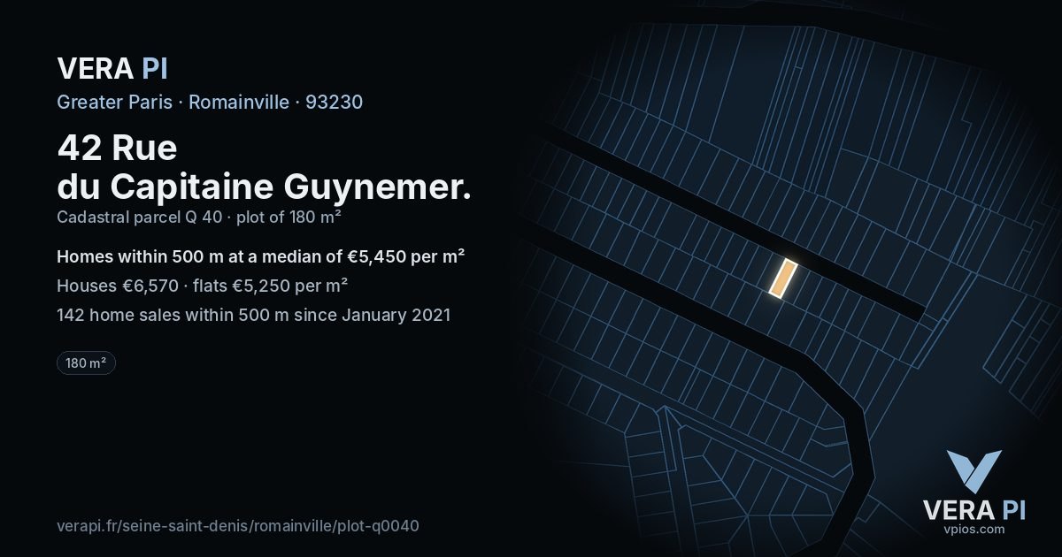42 Rue du Capitaine Guynemer, Romainville at night – the plot lit, the parcels around coloured by the prices near them