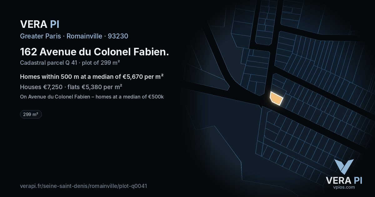 162 Avenue du Colonel Fabien, Romainville at night – the plot lit, the parcels around coloured by the prices near them