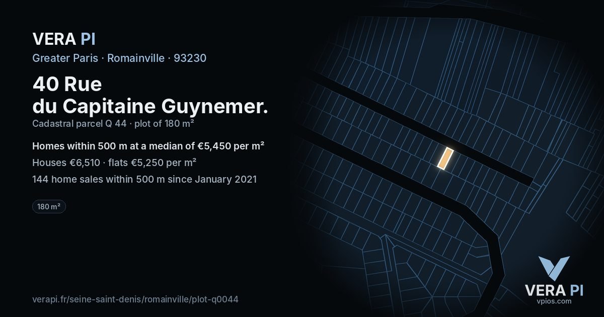 40 Rue du Capitaine Guynemer, Romainville at night – the plot lit, the parcels around coloured by the prices near them