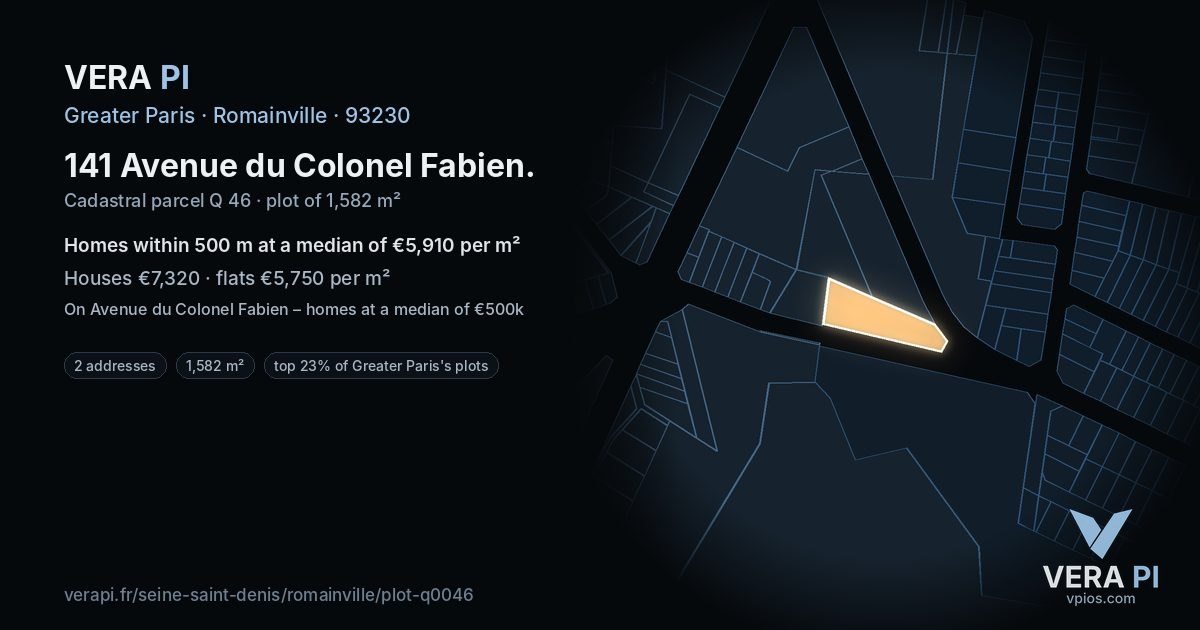 141 Avenue du Colonel Fabien, Romainville at night – the plot lit, the parcels around coloured by the prices near them