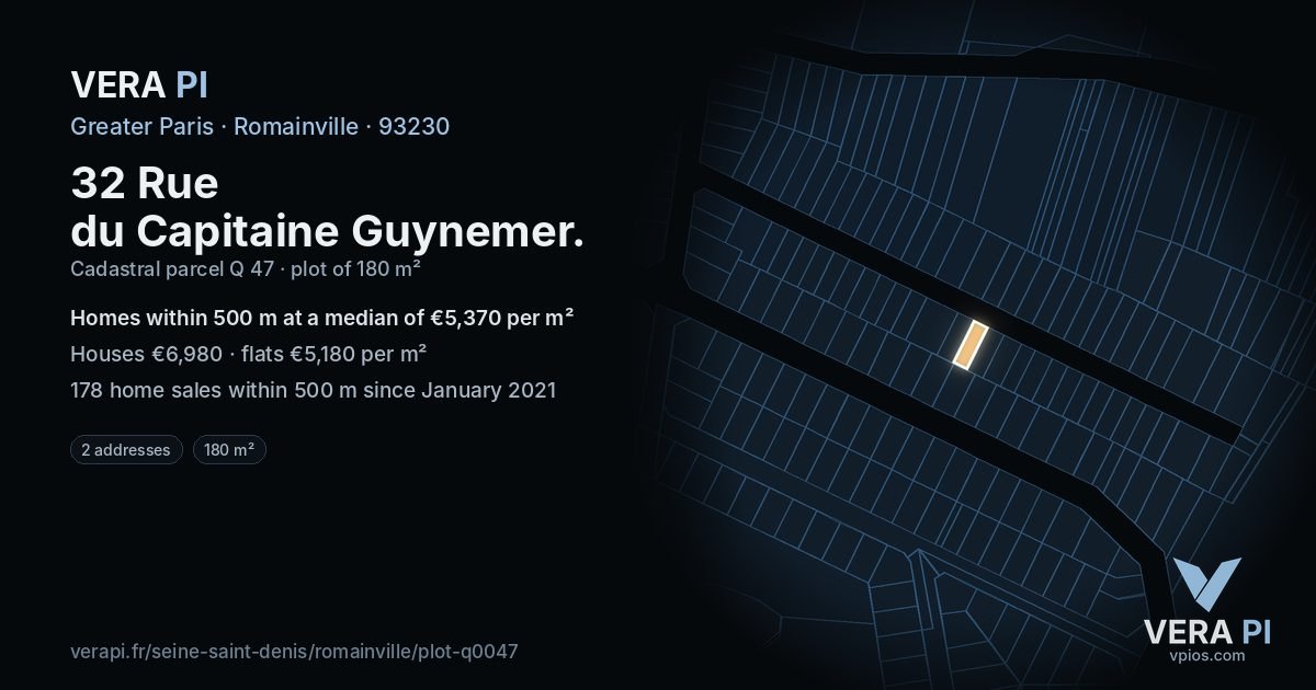 32 Rue du Capitaine Guynemer, Romainville at night – the plot lit, the parcels around coloured by the prices near them
