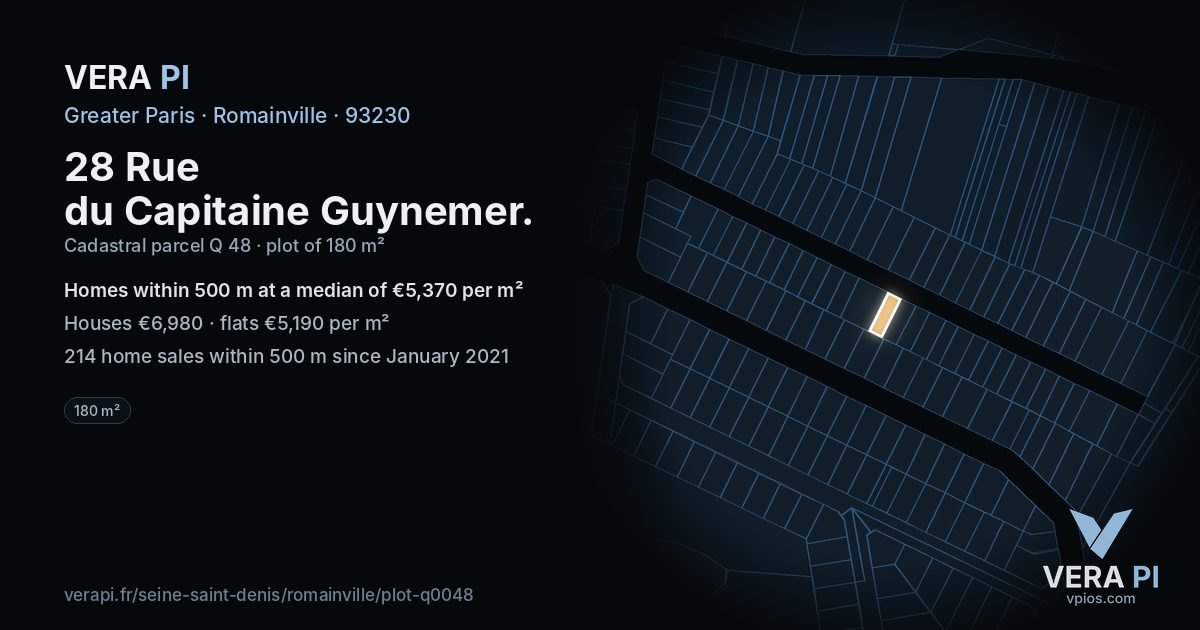 28 Rue du Capitaine Guynemer, Romainville at night – the plot lit, the parcels around coloured by the prices near them