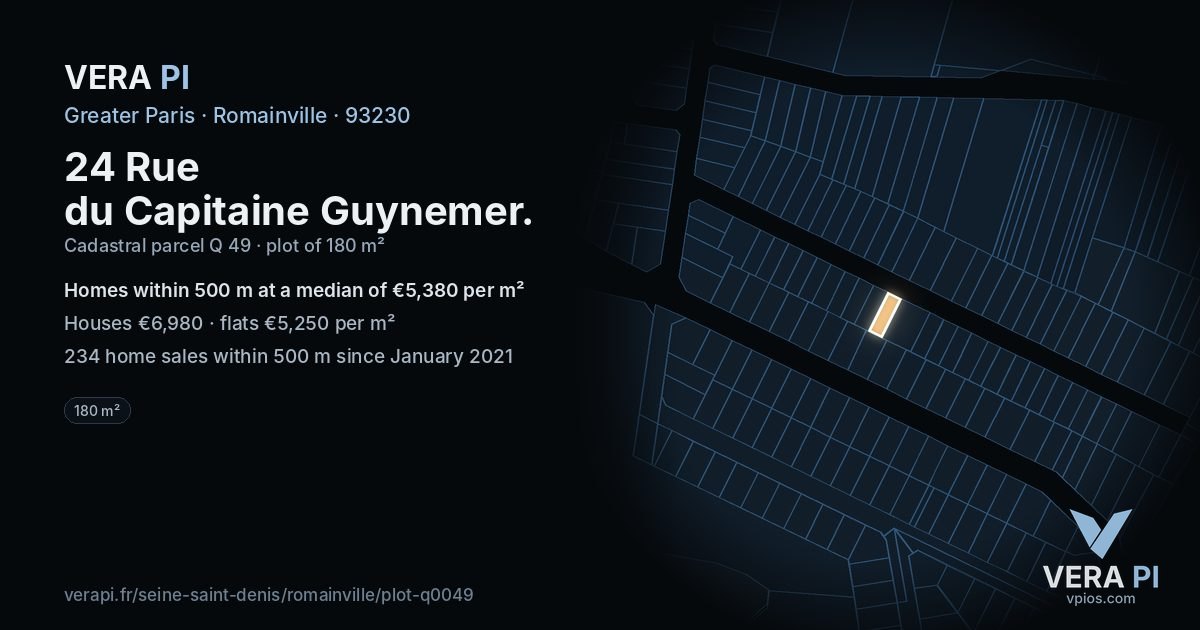 24 Rue du Capitaine Guynemer, Romainville at night – the plot lit, the parcels around coloured by the prices near them