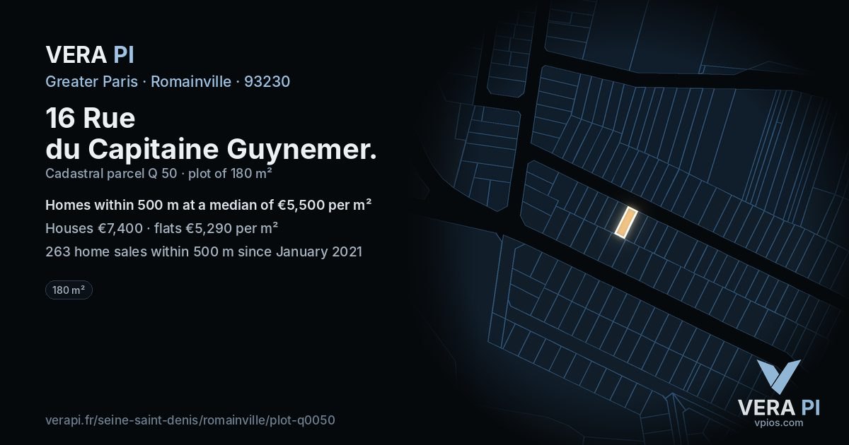 16 Rue du Capitaine Guynemer, Romainville at night – the plot lit, the parcels around coloured by the prices near them