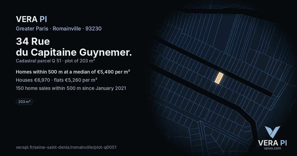 34 Rue du Capitaine Guynemer, Romainville at night – the plot lit, the parcels around coloured by the prices near them