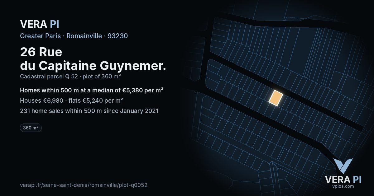 26 Rue du Capitaine Guynemer, Romainville at night – the plot lit, the parcels around coloured by the prices near them