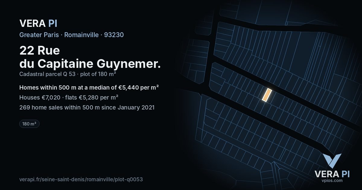 22 Rue du Capitaine Guynemer, Romainville at night – the plot lit, the parcels around coloured by the prices near them