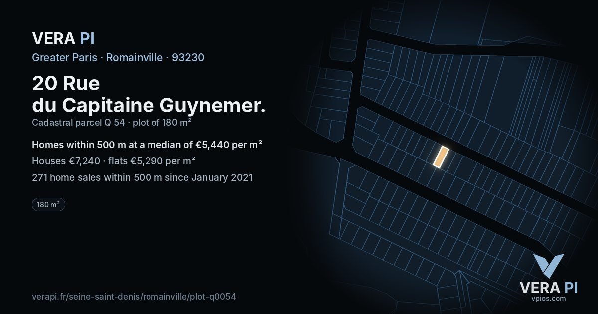 20 Rue du Capitaine Guynemer, Romainville at night – the plot lit, the parcels around coloured by the prices near them