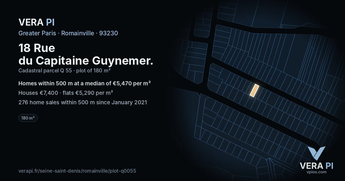 18 Rue du Capitaine Guynemer, Romainville at night – the plot lit, the parcels around coloured by the prices near them
