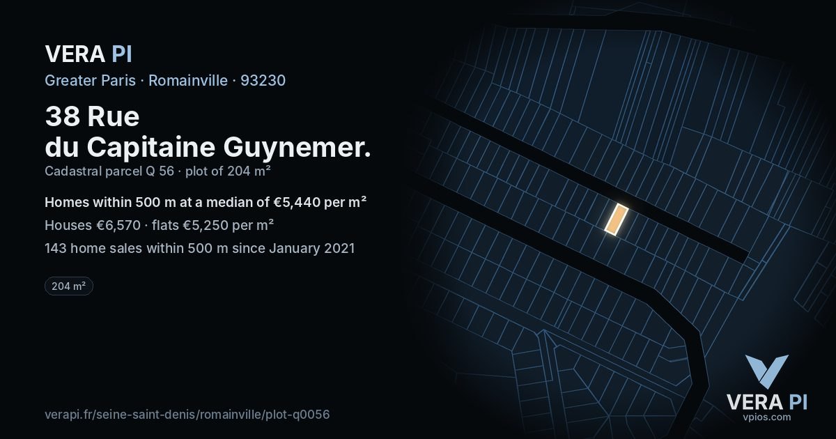 38 Rue du Capitaine Guynemer, Romainville at night – the plot lit, the parcels around coloured by the prices near them