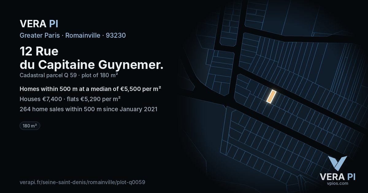 12 Rue du Capitaine Guynemer, Romainville at night – the plot lit, the parcels around coloured by the prices near them