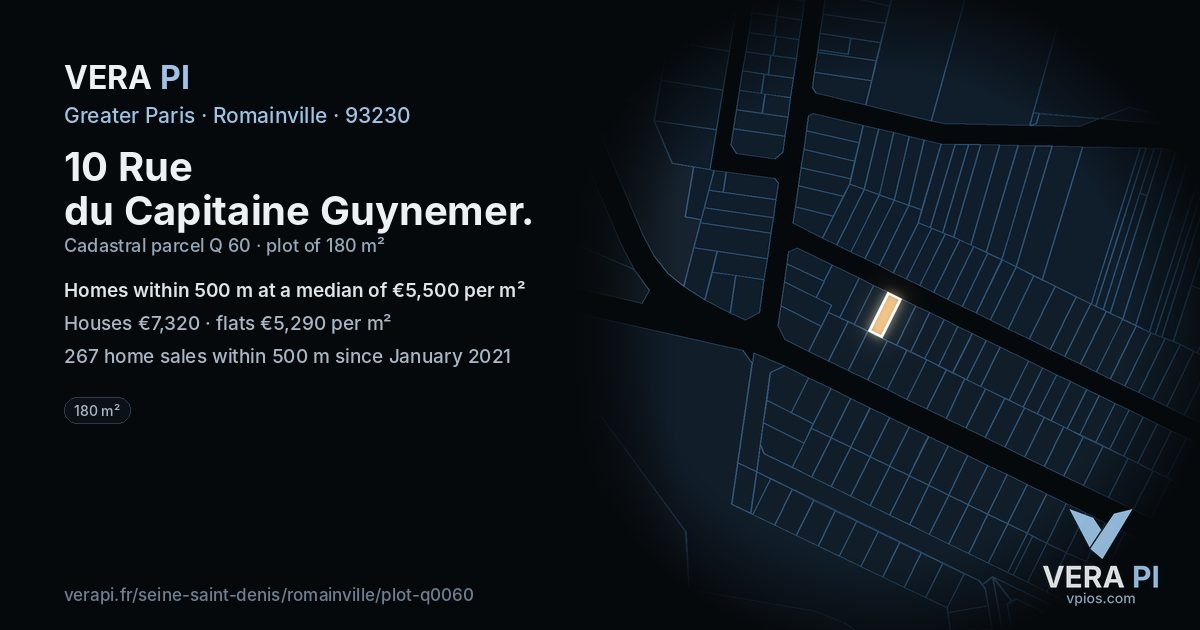 10 Rue du Capitaine Guynemer, Romainville at night – the plot lit, the parcels around coloured by the prices near them