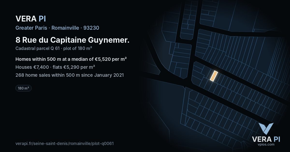 8 Rue du Capitaine Guynemer, Romainville at night – the plot lit, the parcels around coloured by the prices near them