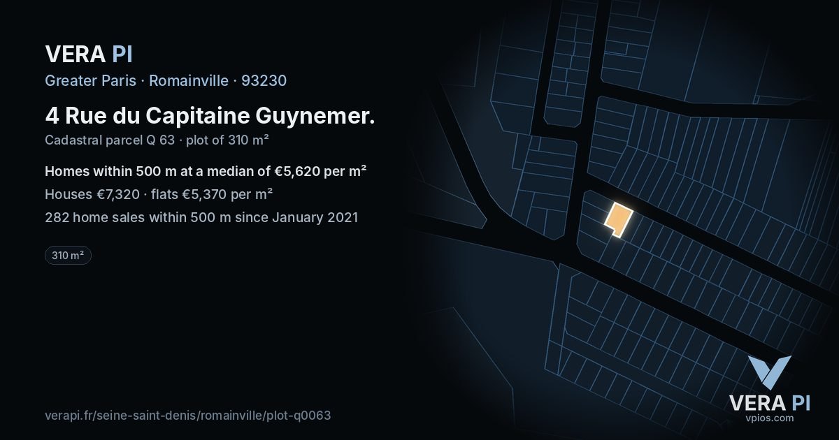 4 Rue du Capitaine Guynemer, Romainville at night – the plot lit, the parcels around coloured by the prices near them