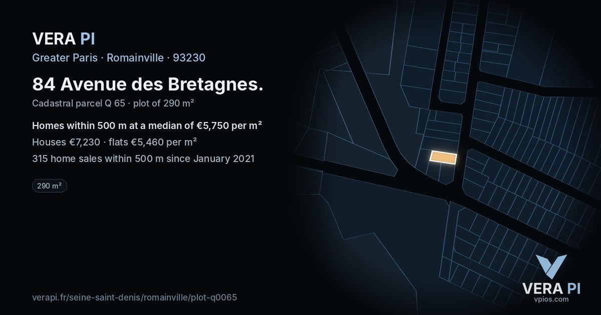 84 Avenue des Bretagnes, Romainville at night – the plot lit, the parcels around coloured by the prices near them