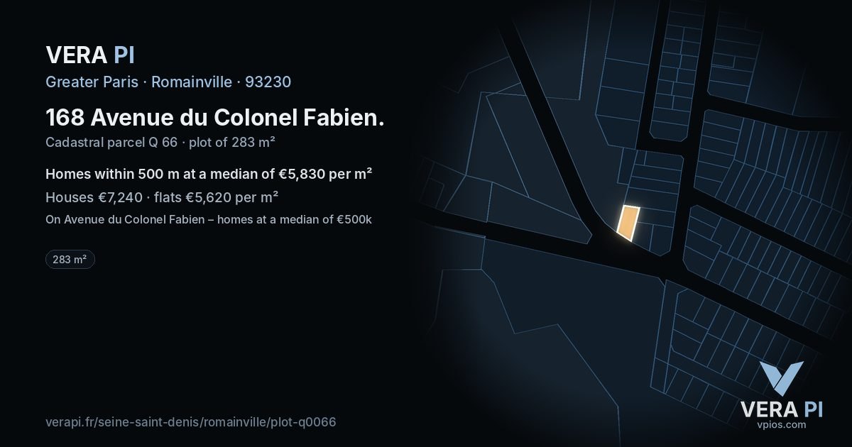 168 Avenue du Colonel Fabien, Romainville at night – the plot lit, the parcels around coloured by the prices near them