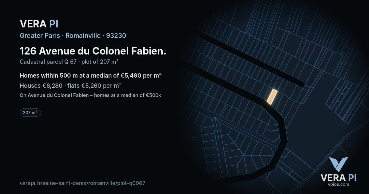 126 Avenue du Colonel Fabien, Romainville at night – the plot lit, the parcels around coloured by the prices near them