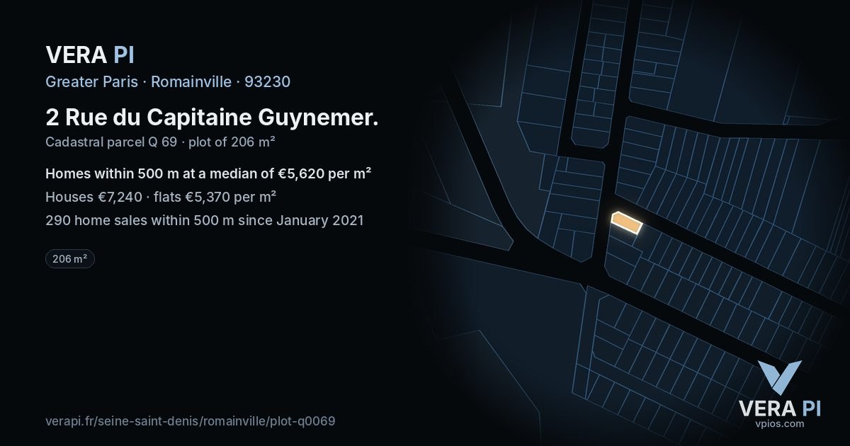 2 Rue du Capitaine Guynemer, Romainville at night – the plot lit, the parcels around coloured by the prices near them
