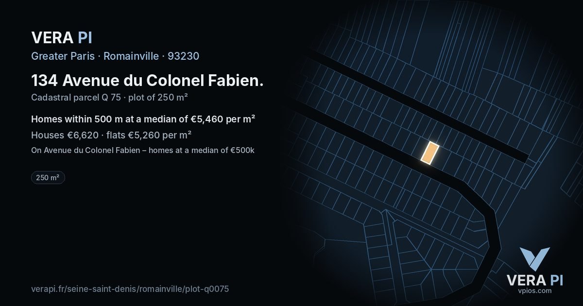 134 Avenue du Colonel Fabien, Romainville at night – the plot lit, the parcels around coloured by the prices near them