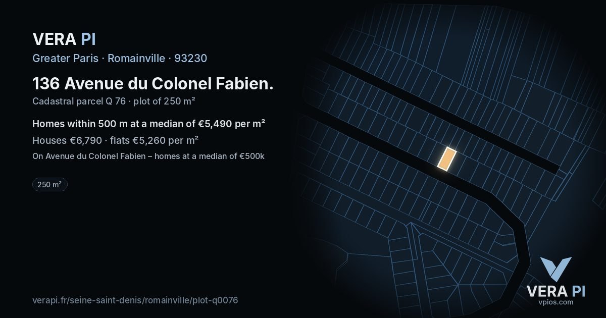 136 Avenue du Colonel Fabien, Romainville at night – the plot lit, the parcels around coloured by the prices near them