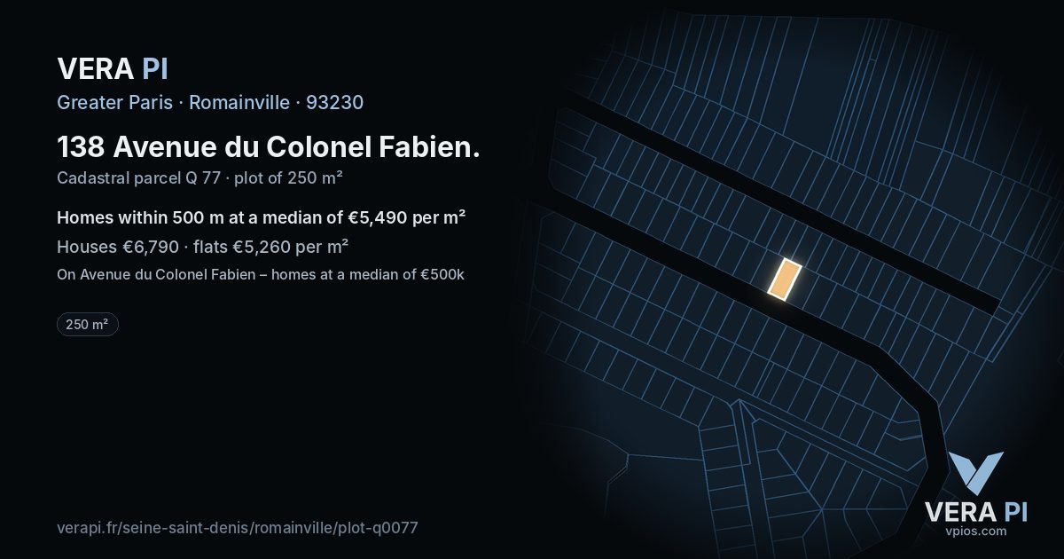 138 Avenue du Colonel Fabien, Romainville at night – the plot lit, the parcels around coloured by the prices near them