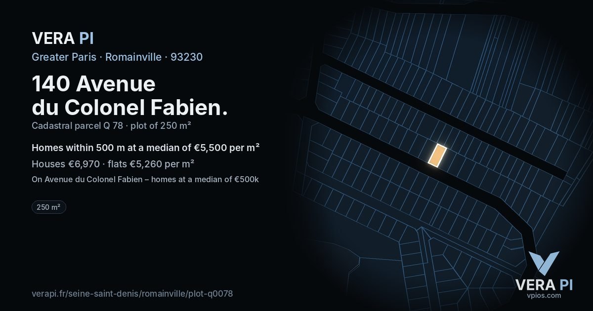 140 Avenue du Colonel Fabien, Romainville at night – the plot lit, the parcels around coloured by the prices near them