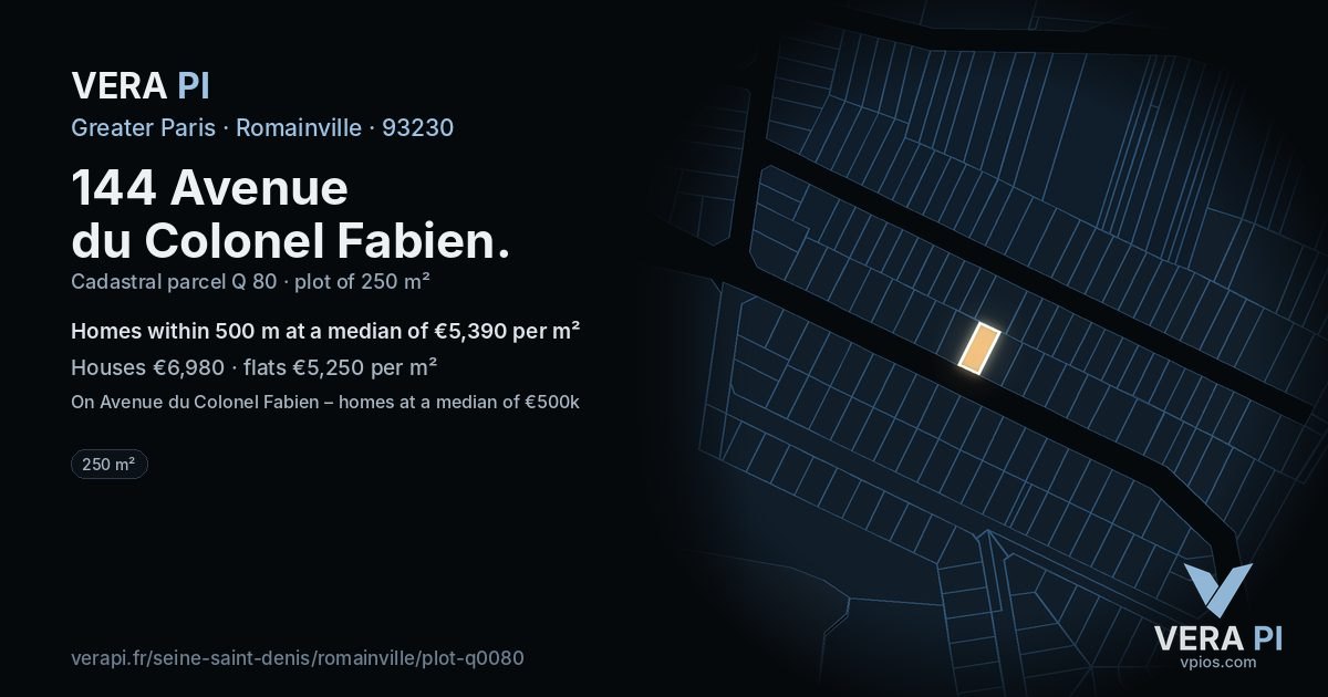 144 Avenue du Colonel Fabien, Romainville at night – the plot lit, the parcels around coloured by the prices near them