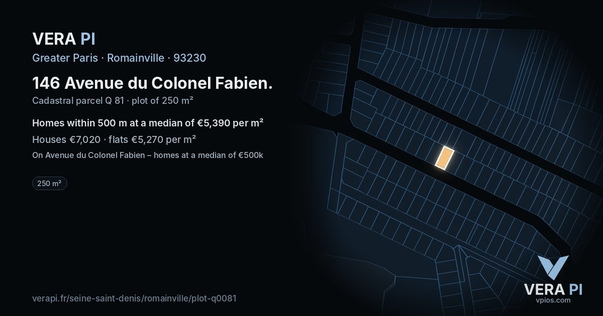 146 Avenue du Colonel Fabien, Romainville at night – the plot lit, the parcels around coloured by the prices near them