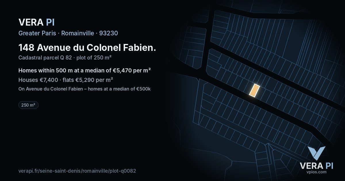 148 Avenue du Colonel Fabien, Romainville at night – the plot lit, the parcels around coloured by the prices near them