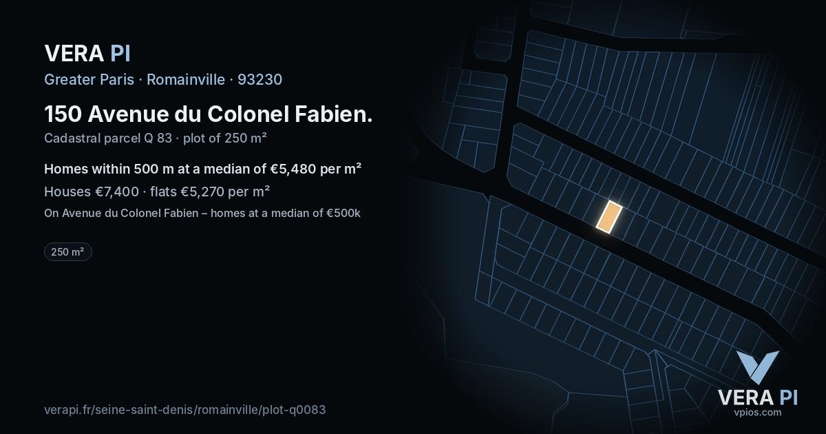 150 Avenue du Colonel Fabien, Romainville at night – the plot lit, the parcels around coloured by the prices near them