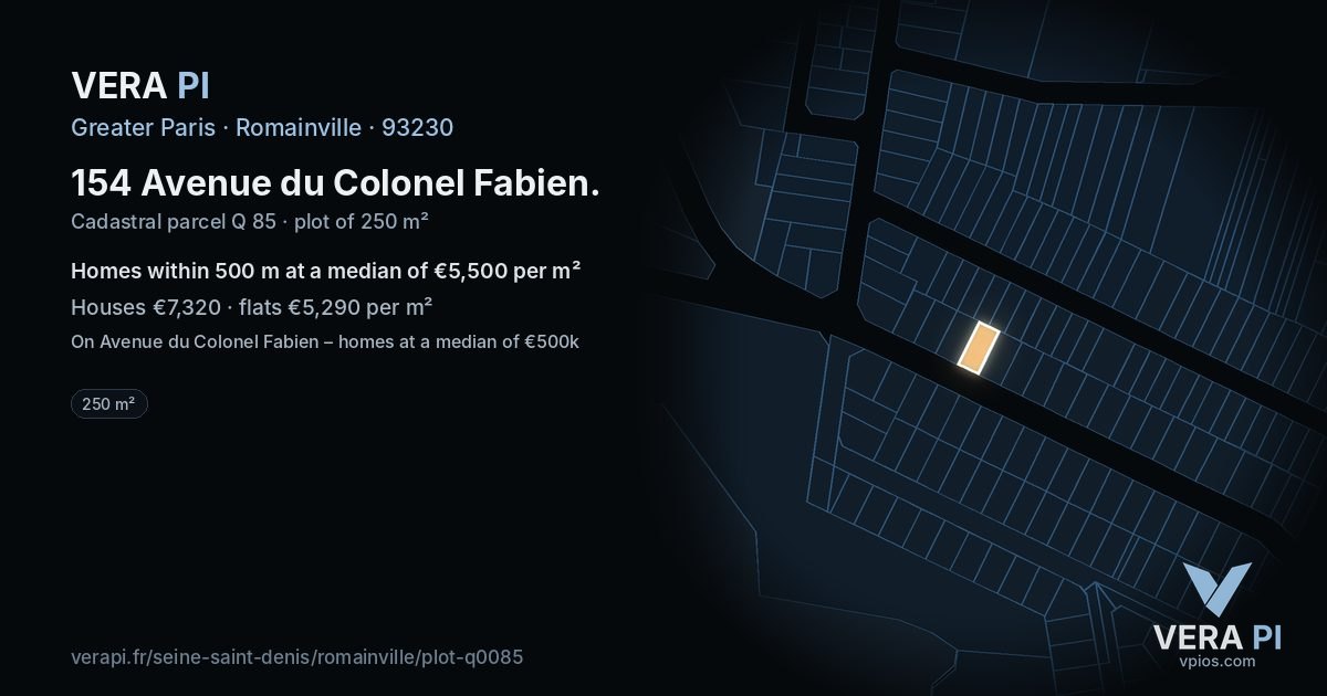 154 Avenue du Colonel Fabien, Romainville at night – the plot lit, the parcels around coloured by the prices near them