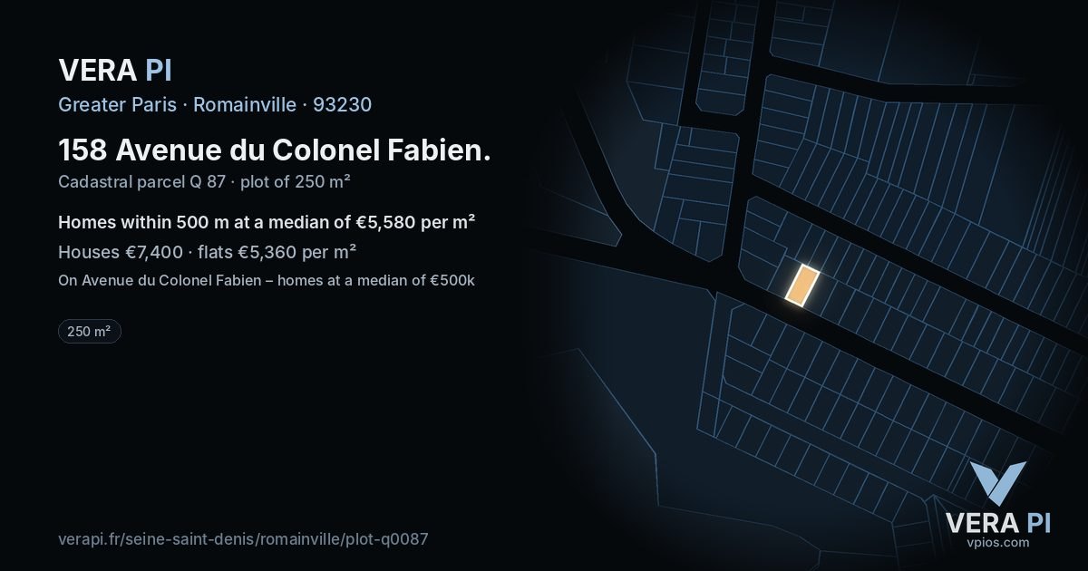 158 Avenue du Colonel Fabien, Romainville at night – the plot lit, the parcels around coloured by the prices near them