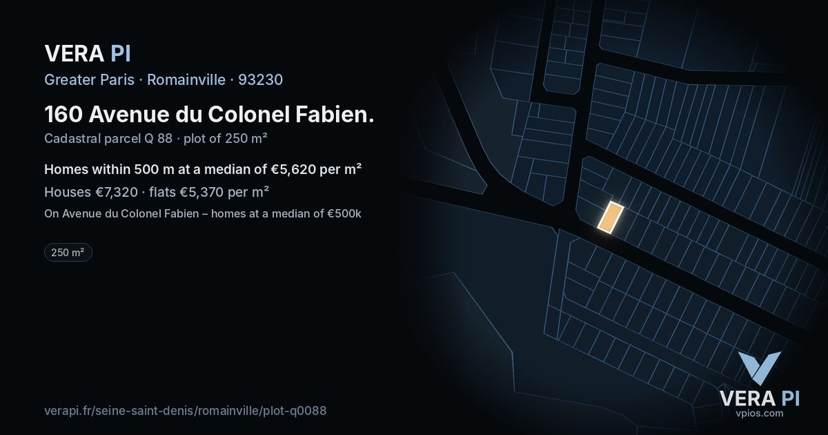 160 Avenue du Colonel Fabien, Romainville at night – the plot lit, the parcels around coloured by the prices near them