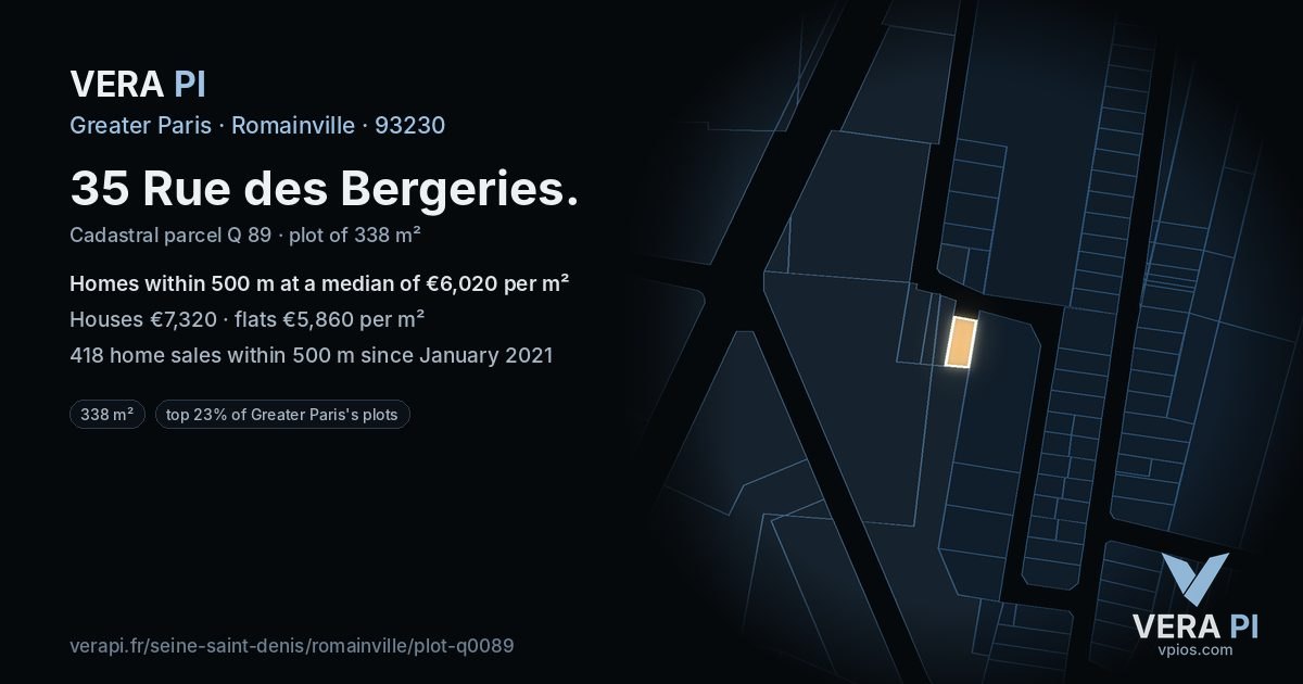 35 Rue des Bergeries, Romainville at night – the plot lit, the parcels around coloured by the prices near them