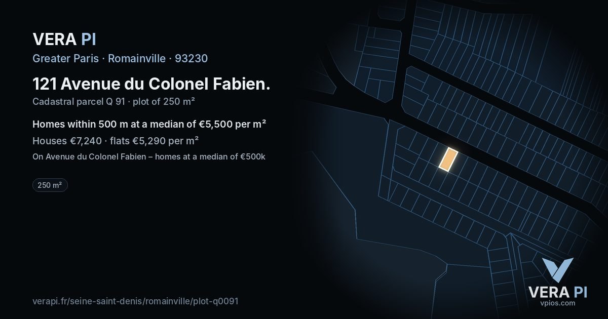 121 Avenue du Colonel Fabien, Romainville at night – the plot lit, the parcels around coloured by the prices near them