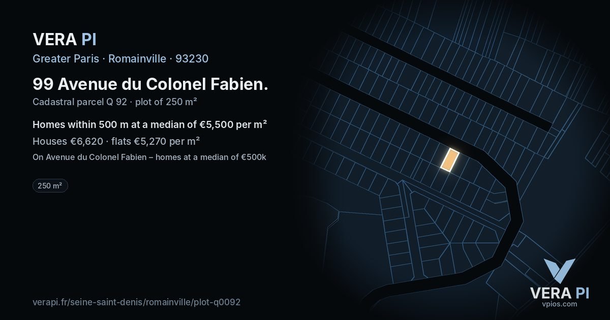 99 Avenue du Colonel Fabien, Romainville at night – the plot lit, the parcels around coloured by the prices near them