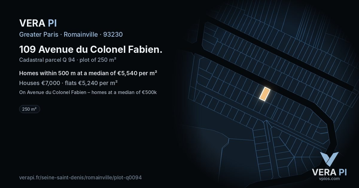 109 Avenue du Colonel Fabien, Romainville at night – the plot lit, the parcels around coloured by the prices near them