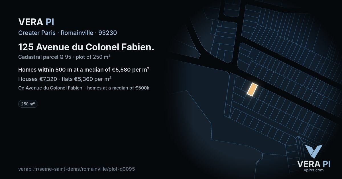 125 Avenue du Colonel Fabien, Romainville at night – the plot lit, the parcels around coloured by the prices near them