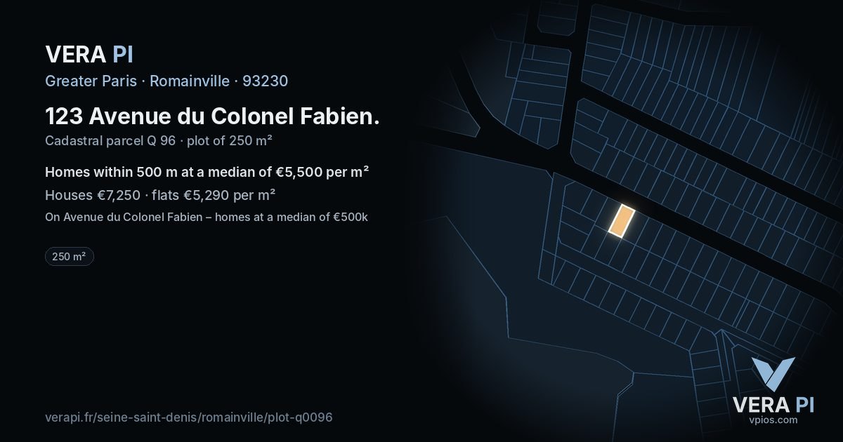 123 Avenue du Colonel Fabien, Romainville at night – the plot lit, the parcels around coloured by the prices near them